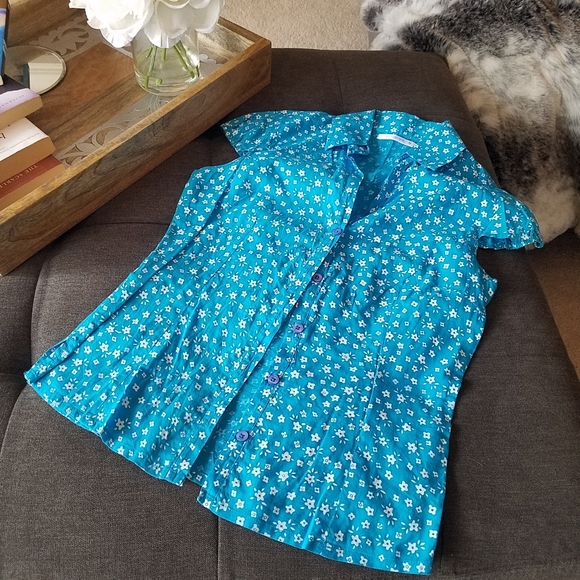 Terranova Short Sleeve Cotton Turquoise Blue Floral Shirt from Italy - Picture 1 of 10
